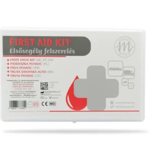 B típusú elsősegély doboz személy- és teherautóhoz, fehér műanyag doboz felülnézetből, CE és MD jelöléssel